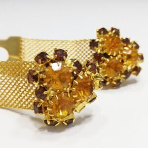 Vintage Mesh Rhinestone Cuff Links, Gold Tone, Light & Dark Topaz, 1960s